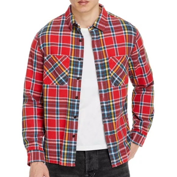 Alex Mill Chore Shirt Men’s Large Red Plaid Flannel Button Up Double Pocket - Picture 1 of 6